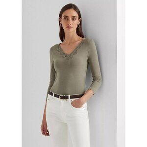 Lauren Ralph Lauren Lace-Trim Stretch Cotton Top in Green Size XS